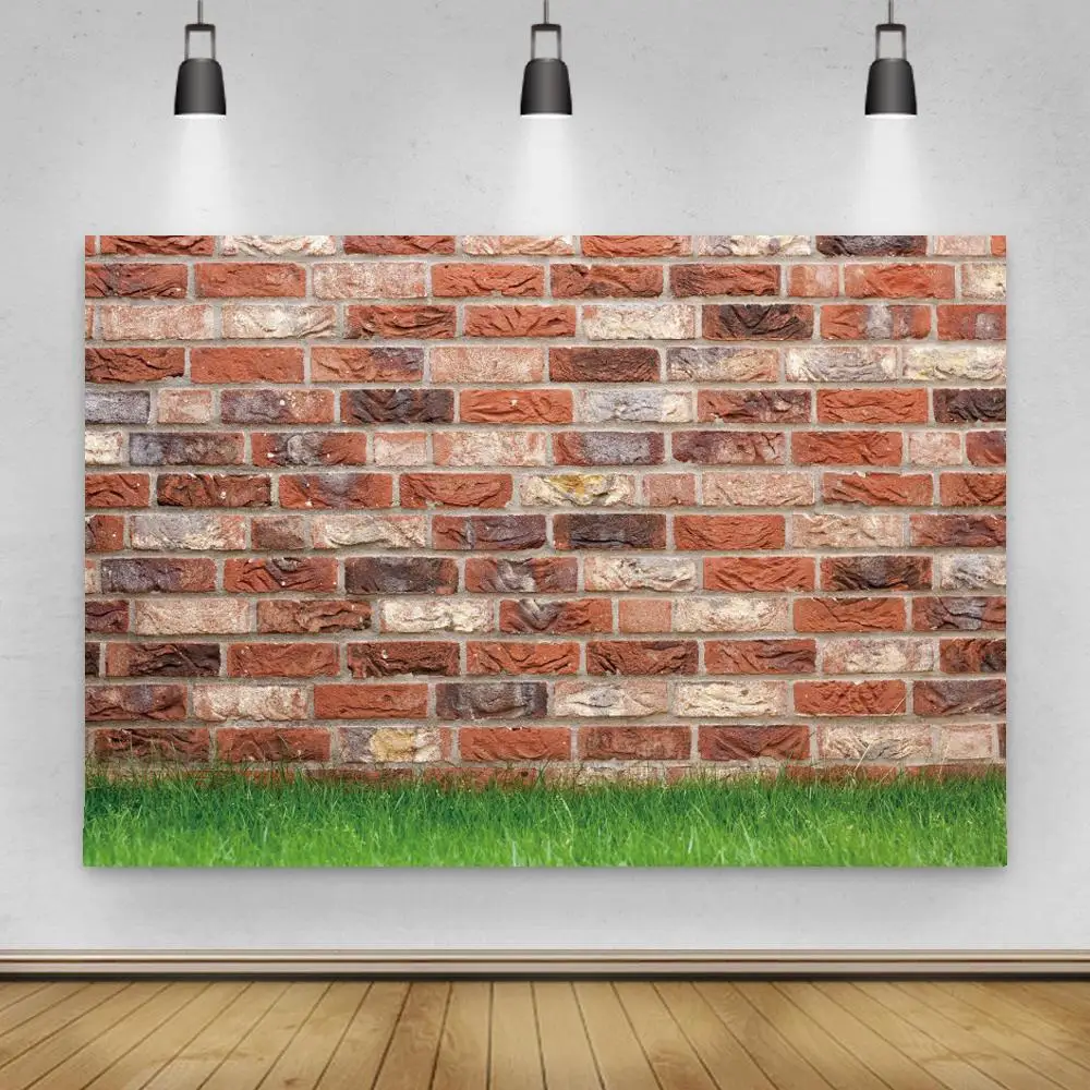 

Green Grass Land Photography Background Red Brick Wall Baby Birthday Party Wedding Portrait Decor Photo Booth Studio Prop Banner