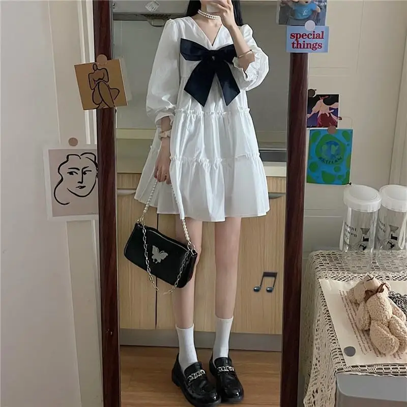 

2023 New Spring Autumn Women Elegant Korean Sweet Mini Dress Puff Sleeve V-neck Front Bow White Dresses Femme Mujer Y349