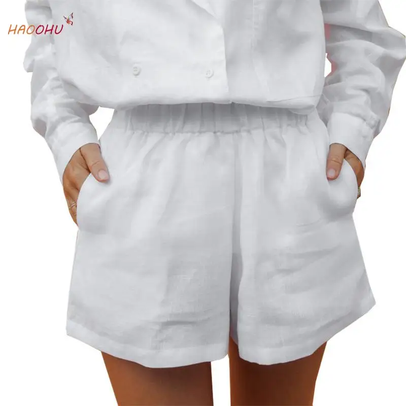 

Пляжные свободные однотонные широкие шорты из хлопка и льна, женская одежда с эластичным поясом, городская уличная одежда, повседневные шор...