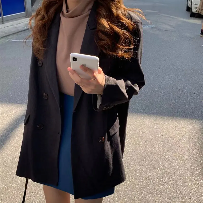 

HStar Loose Coat Office Lady Autumn Chic Vintage Double-Breasted Vintage Elegant Feminine Women High Street Blazers