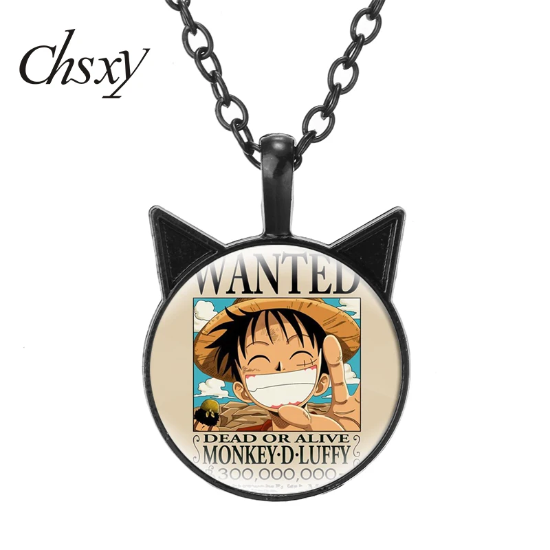 

One Piece Luffy Necklace Cartoo Cat Ear Pendants & Necklaces Collar Cartoon Figure Glass Dome Jewelry Anime Gift Pendant 2021