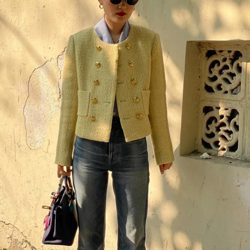 Женская твидовая куртка с круглым вырезом элегантная двубортная для ранней