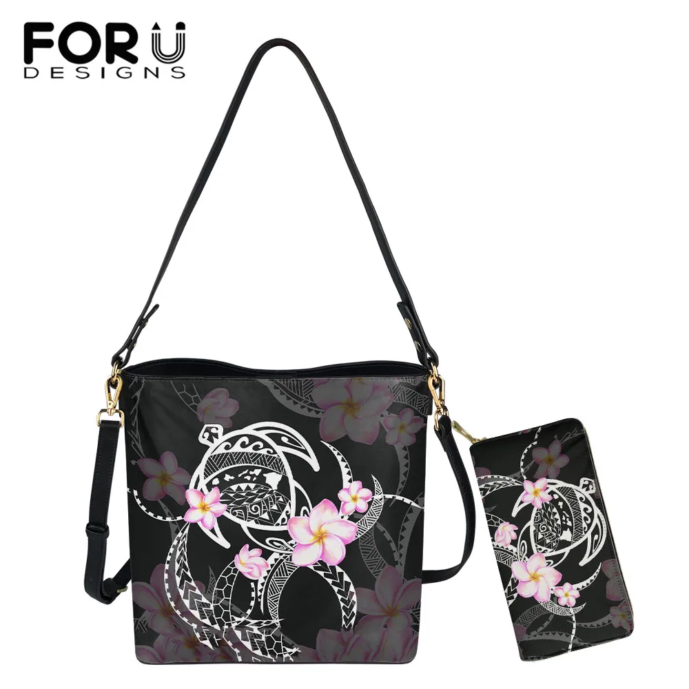 

FORUDESIGNS Women Bucket Bag Set Polynesian Turtle And Plumeria Style Femme Pu Leather Shoulder bag And Wallet Gift Bolsa Mujer