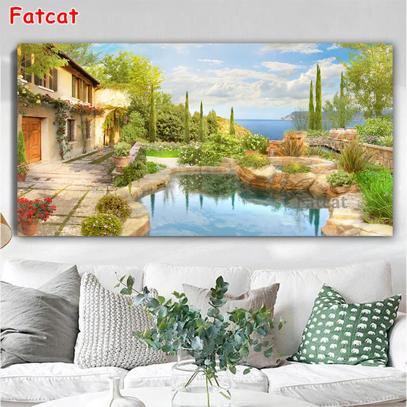 

diamond painting Mediterranean garden green natural landscape cross stitch full round square drill embroidery room Decor PP668