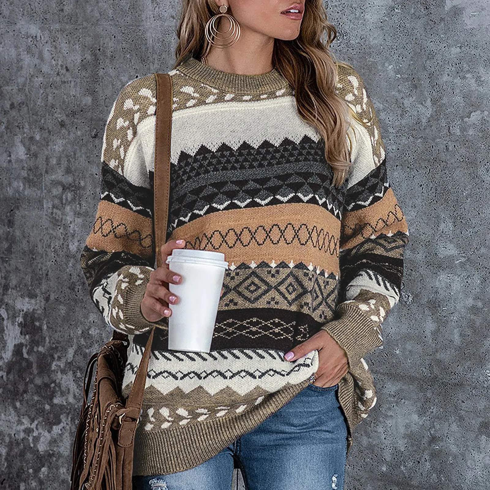 

Women Printed Embroidery Color Contrast Sweater Collar Pullover Blouse Tops Fashion Vintage England Style Tops Knitted Sweater