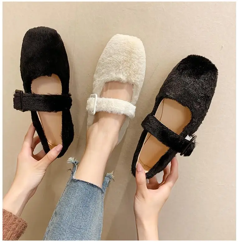 EOEODOIT Autumn Ballet Flats Shoes Casual Fur Shoes Square Toe Retro Fashion Women Lady Elegance Flat Heel Shoes