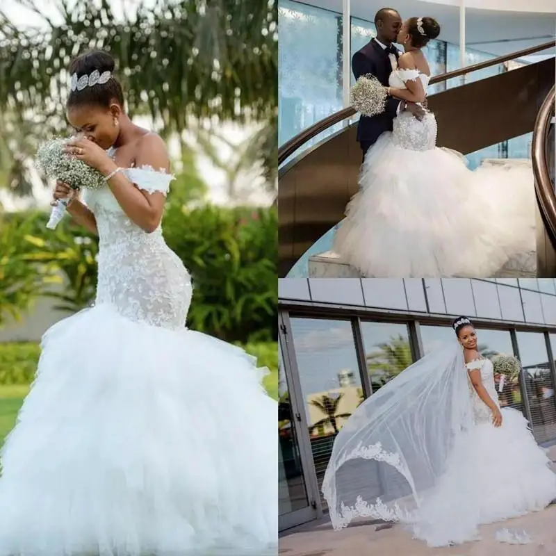 

African Off The Shoulder Lace Mermaid Wedding Dresses Tulle Layered Ruffles Sweep Boho Wedding Bridal Gowns robes de mariée