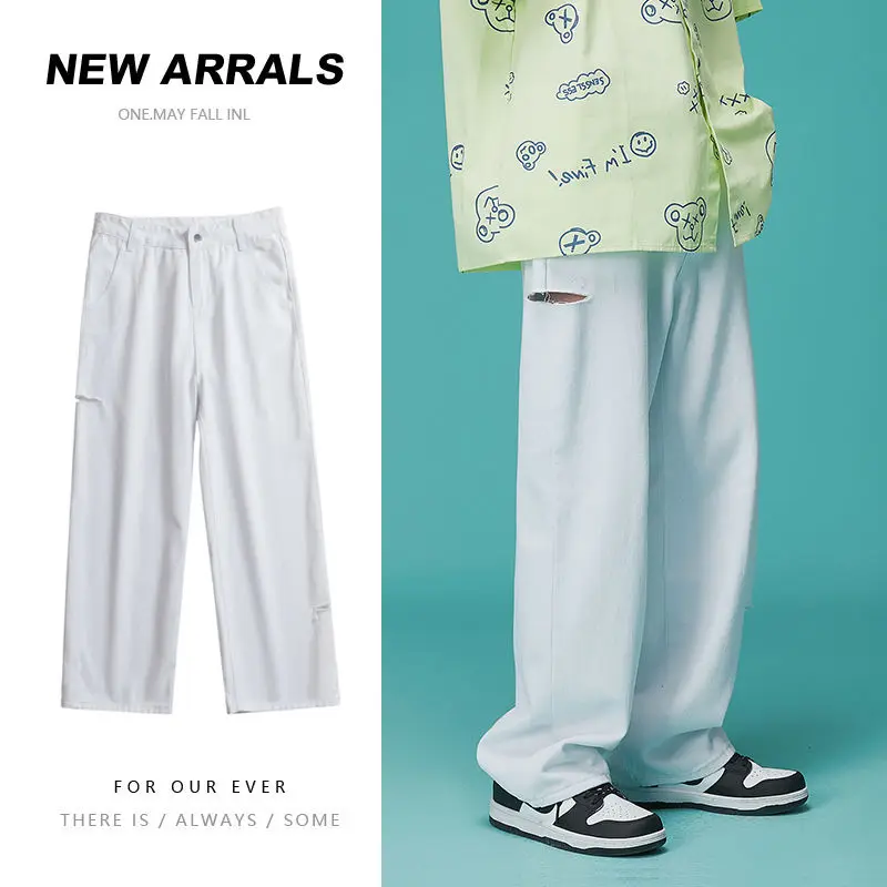 

Summer Ripped Wide-leg Jeans Men Fashion Casual Black White Jeans Men Streetwear Loose Hip-hop Hole Straight Denim Trousers Mens