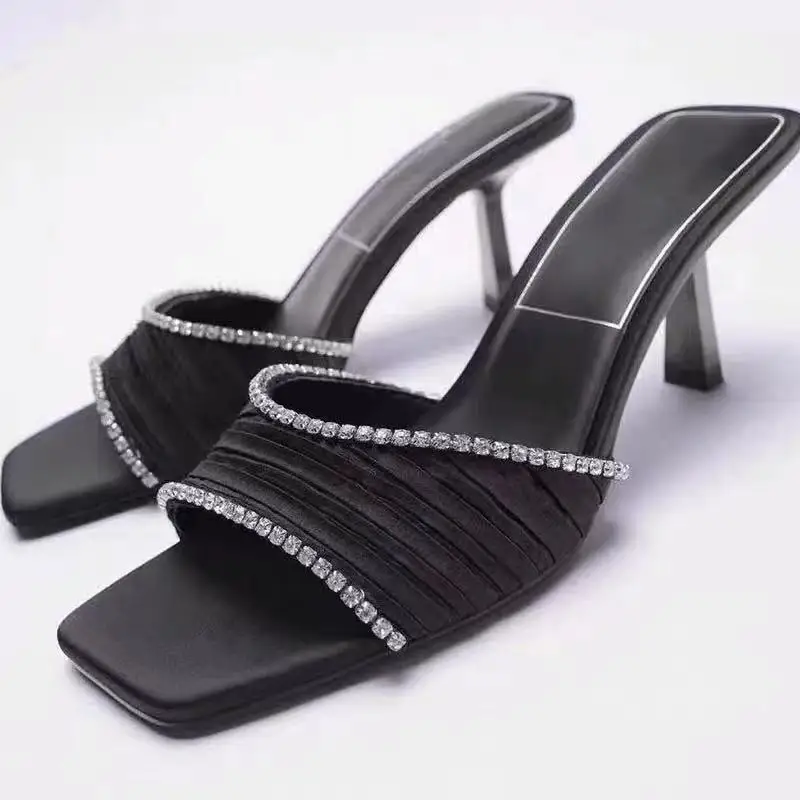 

Za Square Toe Exposed Heel Chain Black High Heels New Word Open Toe After The Hollow Pleated Rhinestone Stiletto Sandals