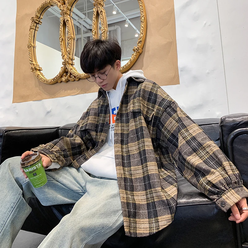 Толстая рубашка в клетку Мужская модная Повседневная с длинными рукавами