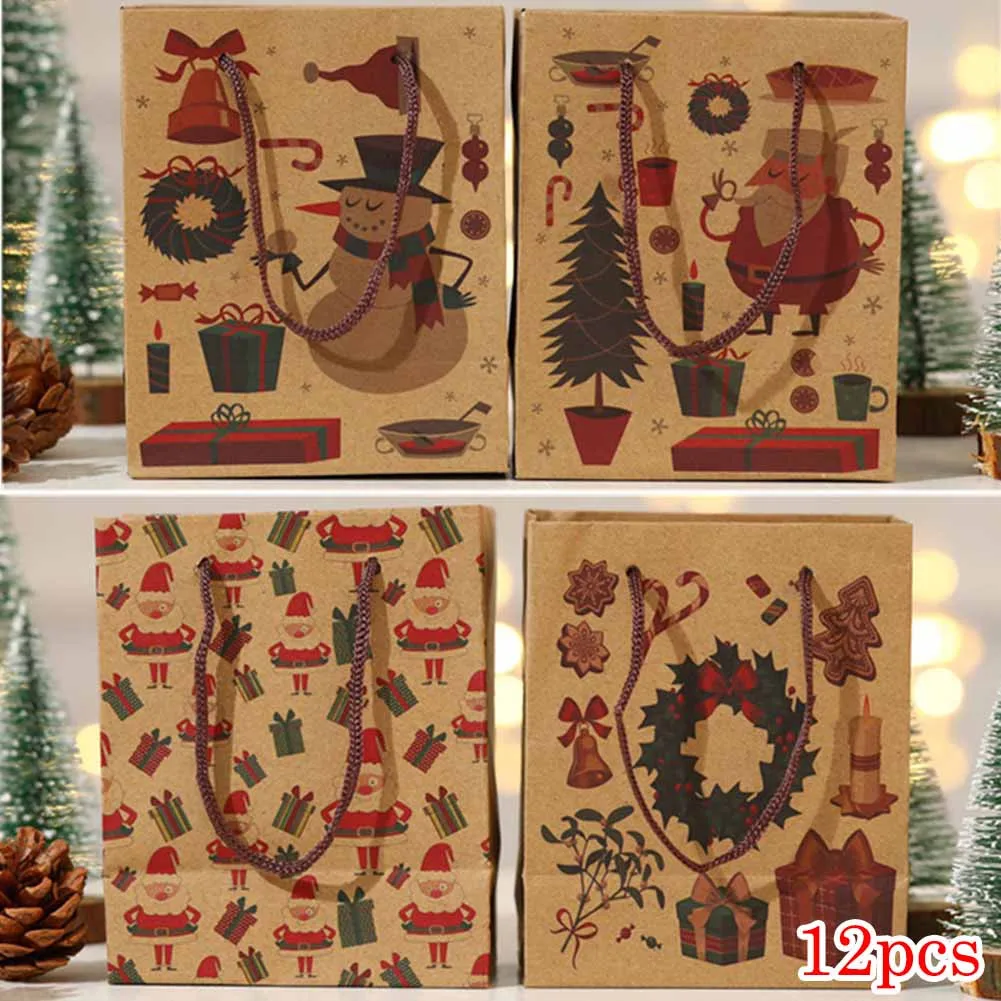 

12pcs Christmas Gift Bags Christmas Wrapping Box Kraft Paper Bag With Handles Snowman Christmas Gift Packing Bags For Xmas Decor