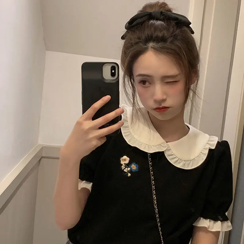 

2021 black sweet dress women's summer new retro bubble sleeve small black skirt shirt