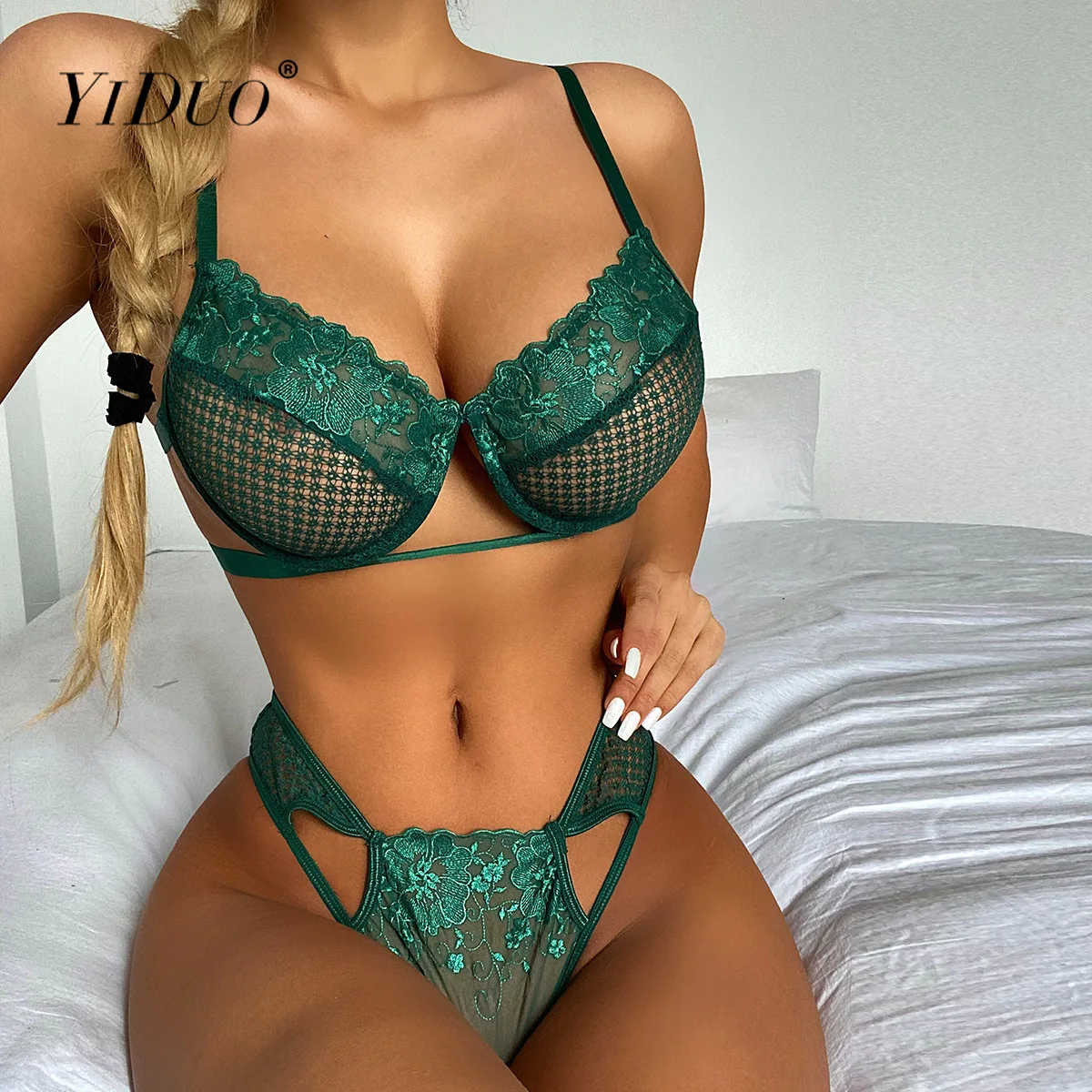 

YiDuo зеленое женское нижнее белье с эффектом пуш-ап, сексуальный комплект нижнего белья, кружевной сетчатый прозрачный бюстгальтер, Lenceria чув...