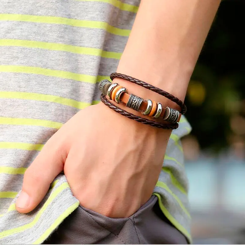Mens Leather Bracelet Bangles For Men Cowhide Braided Alloy Beads Multi Layer Wrap Charm Cuff Bracelets man pulseras para hombre