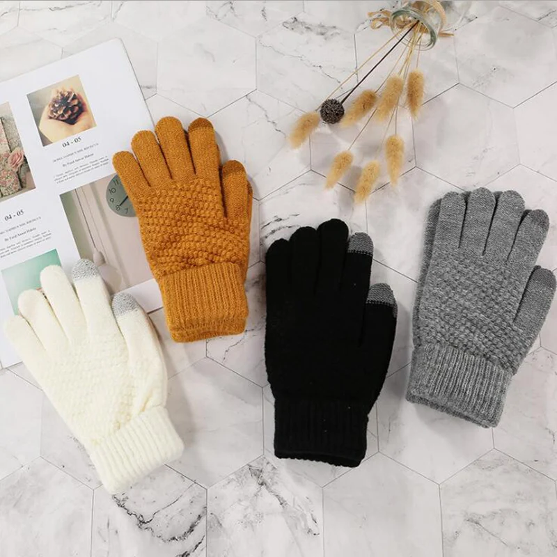 

Winter Knitted Full Finger Gloves Women Solid Touch Screen Mittens Warm Thick Outdoor Cycling Driving Gloves PJ029