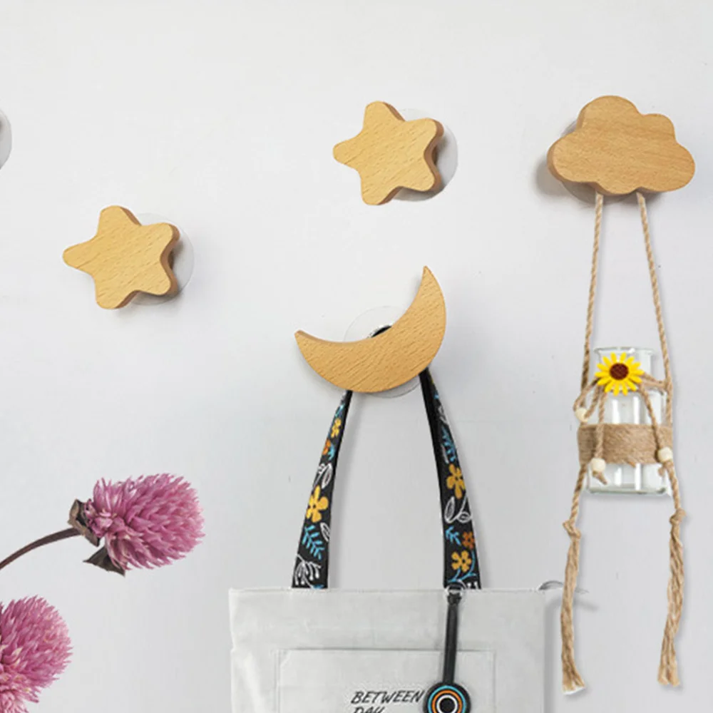 

4PCS Moon Star Wall Hook Lovely Wooden Hanger Wooden Porch Wall Clothing Hook