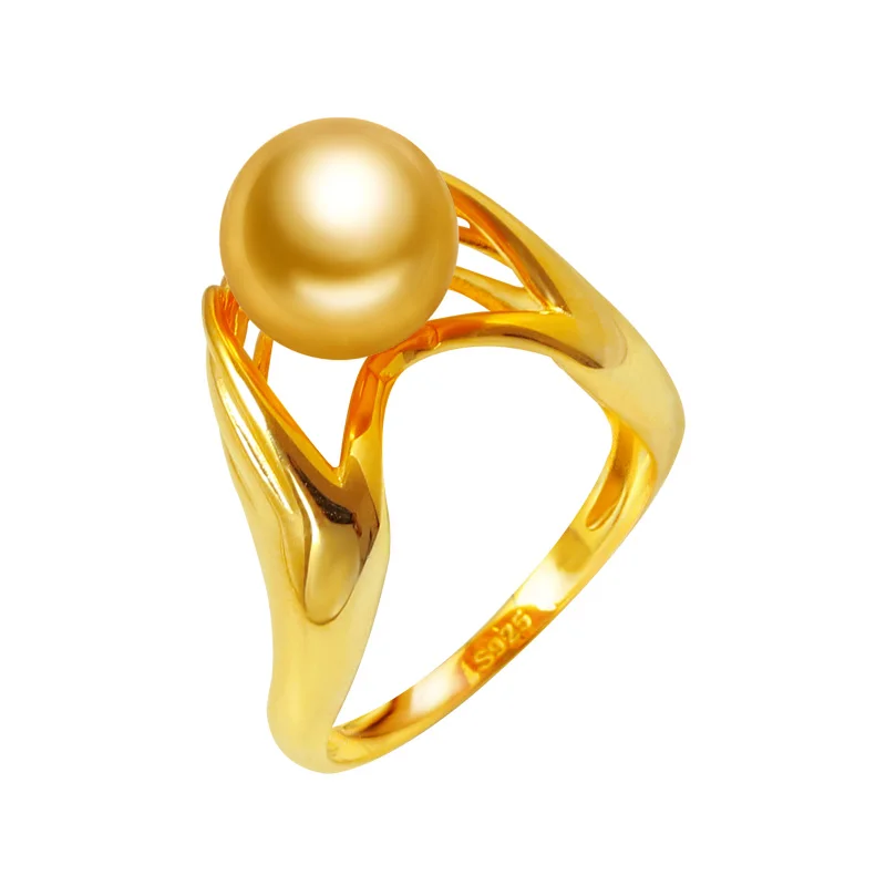 

YS Classic Design 925 Sterling Silver Ring 9-10mm Natural Gold Saltwater South Sea Pearl Ring Fine Jewelry