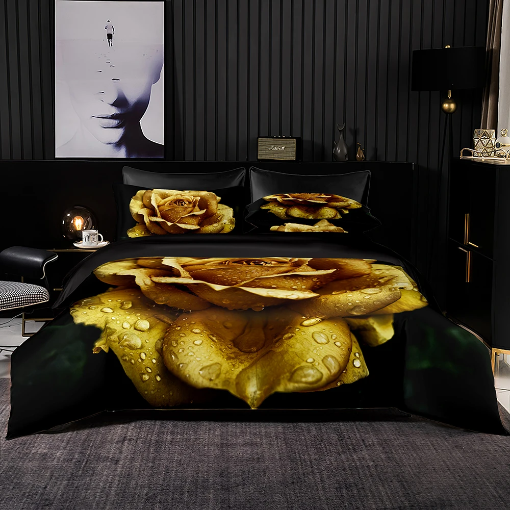 

Yellow Rose Pattern Duvet Cover Set With Pillowcase,245x210 Quilt Cover,173x218 Blanket Cover,Extra Large Size Black Bedding Set