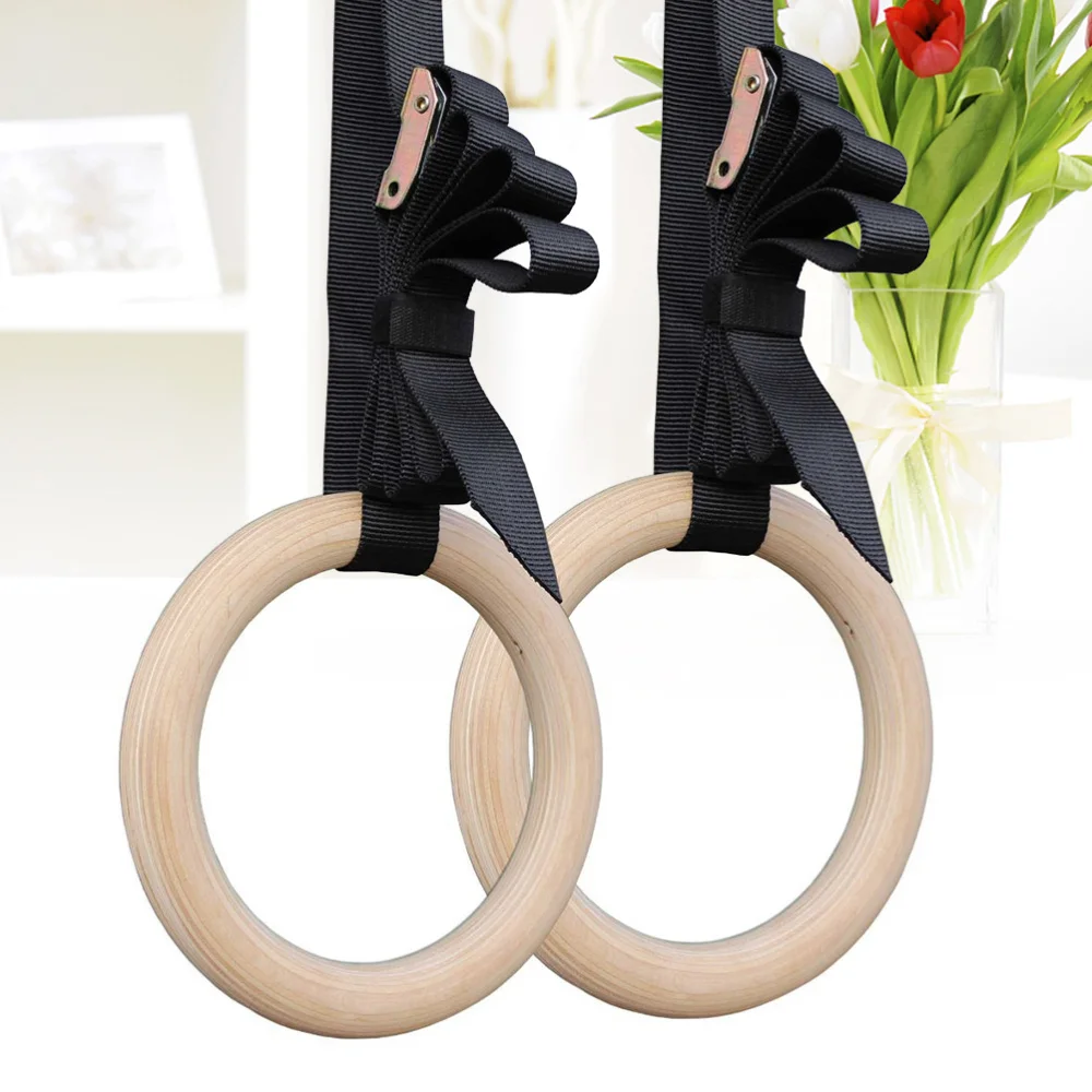 

A Pair of Gymnastic Rings Wooden Fitness Rings with Adjustable Straps for Full Body Strength and Muscular Bodyweight Training Cr