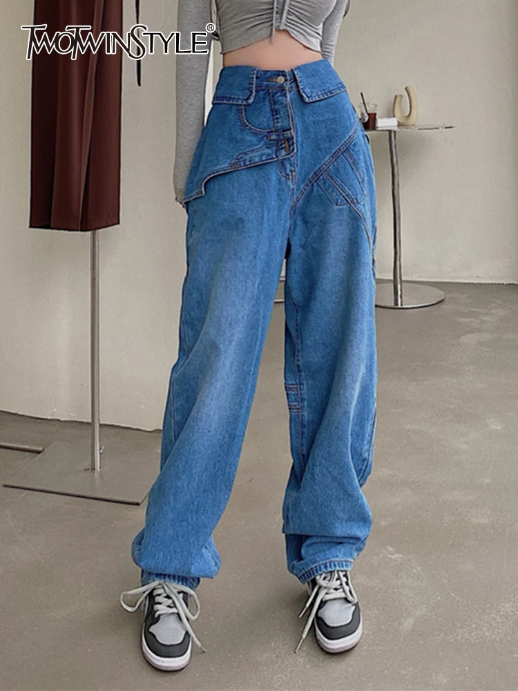 

Женские джинсовые брюки TWOTWINSTYLE, длинные широкие брюки с высокой талией и карманами в стиле пэчворк, осенняя одежда 2021