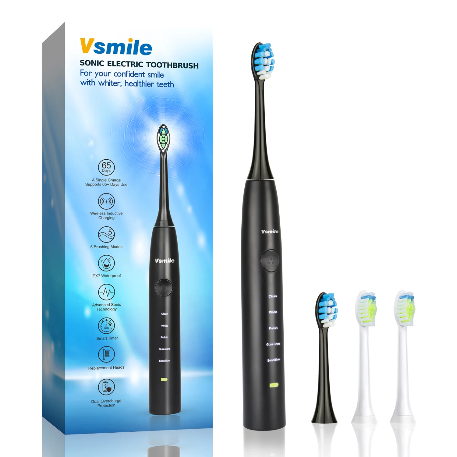 

Vsmile Sonic Electric Toothbrush 2200mAh Battery 80 Days on One Charge 5 Modes 4 Brush Heads Travel Whitening Smart Toothbrush