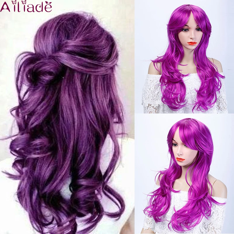 AILIADE длинные волнистые фиолетовые золотые синтетические парики с челкой для