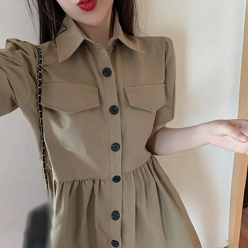 

Summer Short Sleeves Women Sweet Dresses Elegant Turn Down Collar Shirt Dress Streetwear