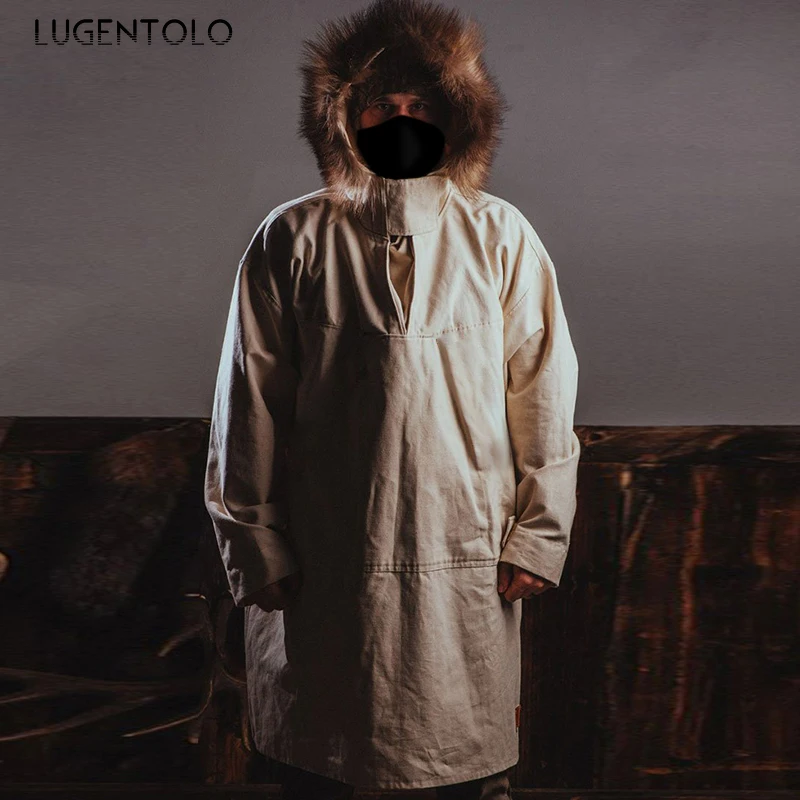 

Lugentolo Men Coat Winter Youth Hoodie Thickened Long Lapel Jackets Long Sleeve Straight Hem Casual Solid Coats