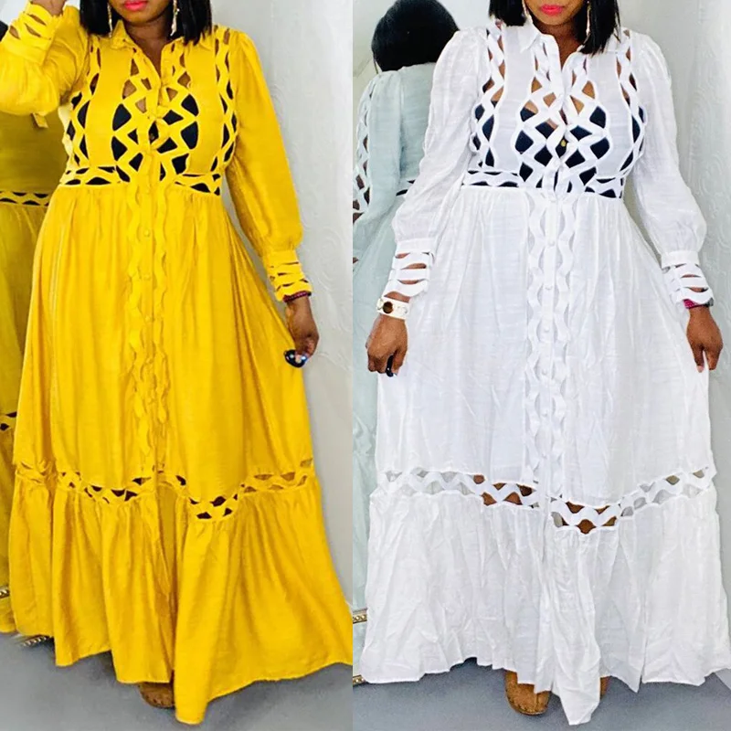 

Long African Dresses For Women Hollow Out Lace Patchwork Dashiki Maxi Dress Office Ladies Christmas Robe Femme Sexy Vestidos