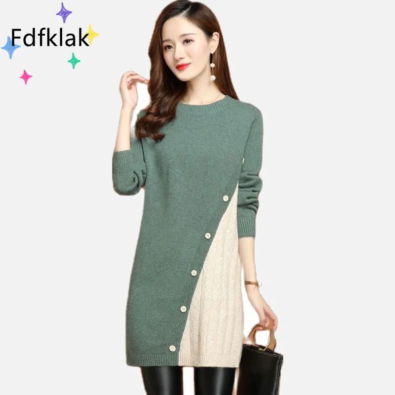 

Fdfklak Mid-length Skirt Autumn Ladies Loose Bottoming Shirt Splicing Sweater Women Clothes Buttons Jumper Female Round Neck Top