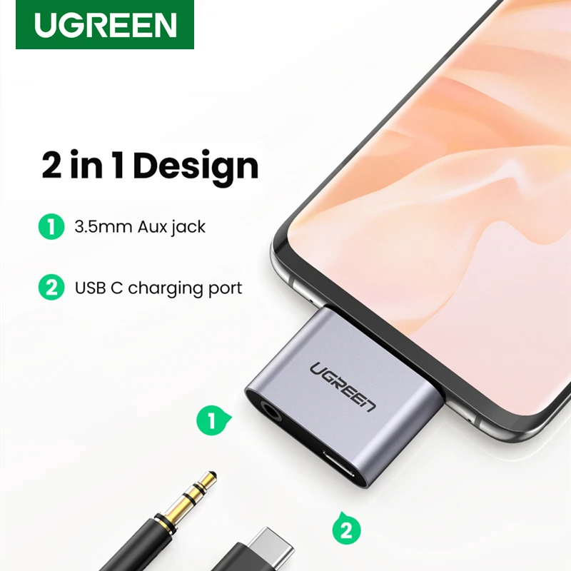 

Ugreen USB C Adapter Type C to USB C with 3.5mm Jack Adapter Aluminum Audio AUX Earphone Headphone Converter For Huawei P20 Pro