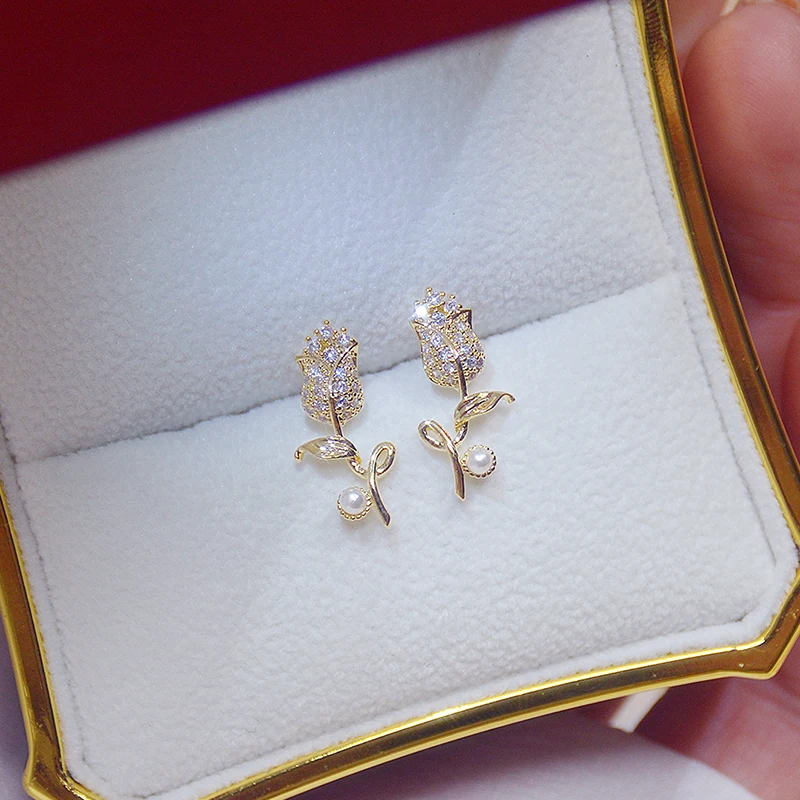 

Ins Hot Sale Exquisite CZ Rose Flower Women Earring Shine AAA Zircon 14K Real Gold Bohemia Stud Earring Wedding Birthday Gift