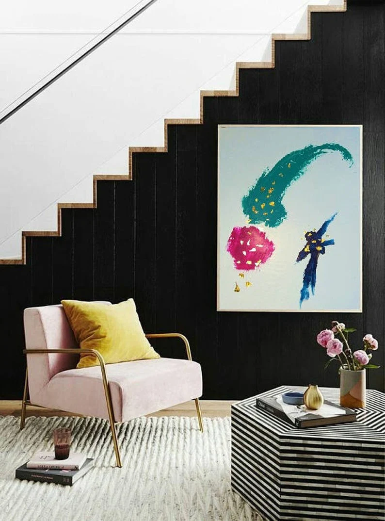 Goedkoop Minimalistische Kunst Canvas Schilderij Leaf Schilderij Roze Schilderen Grote Oversize Kunstwerk Goud Moderne Wall Art Acryl Op Canvas Olie