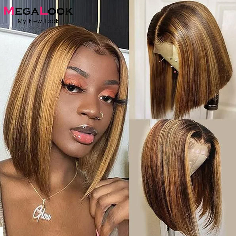 Highlight Wig For Women Human Hair Wig Remy Brazilian Straight Hair Ombre Brown 4x4 Closure Wig Short Highlight Wig Human Hair
