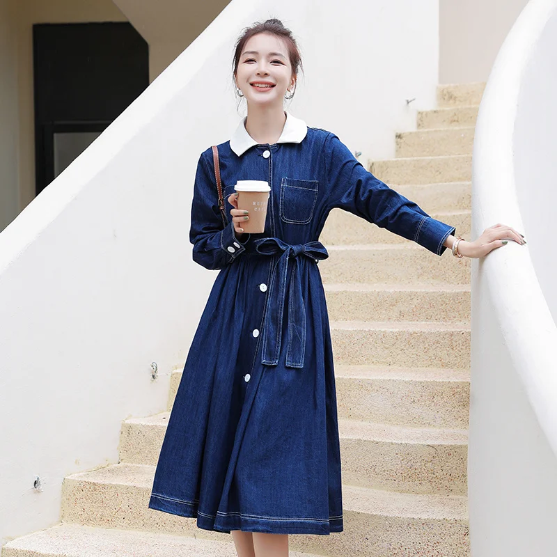 

#2777 Denim Dress Women Polo Collar Casual A-line Dress Ladies With Belt Casual Midi Jeans Dresses Woman Single Breasted Spring