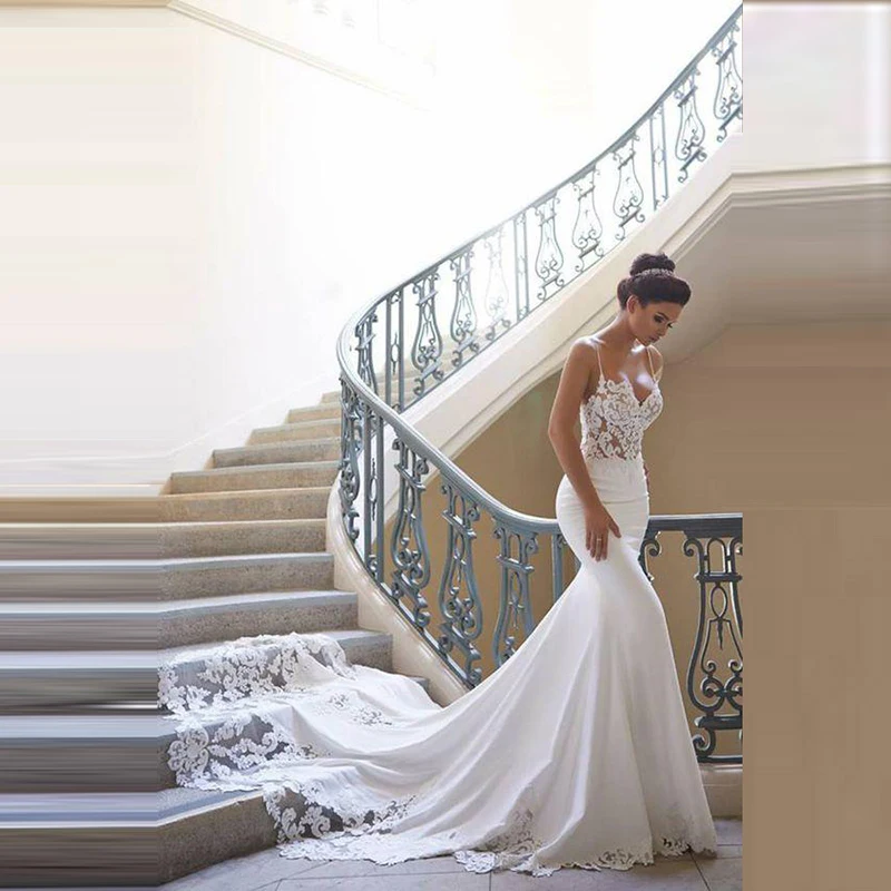 

Wholesale Charming Lace Mermaid Bridal Wedding Gowns White Shoulders With Straps Applique Wedding Dress for Bride 2020