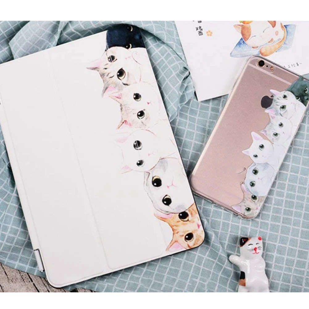 

Premium PU Leather Folio Stand Cover Cartoon Cat Pattern Protective Case Auto Wake/Sleep For Apple IPad Air Cartoon Cover