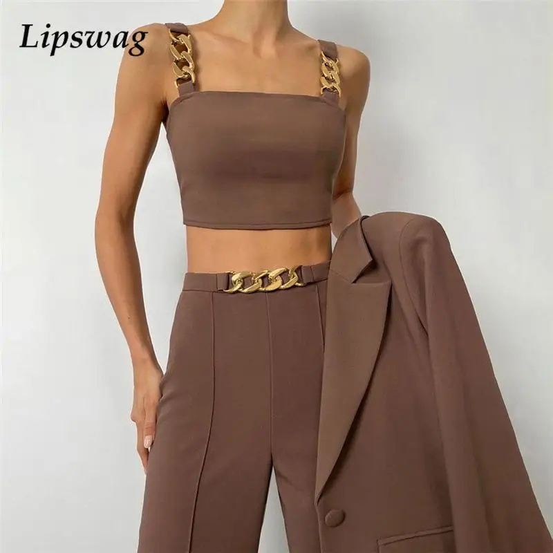 

Женские костюмы из двух предметов, новые модные укороченные топы без рукавов и облегающие брючные костюмы, повседневные женские костюмы с ц...