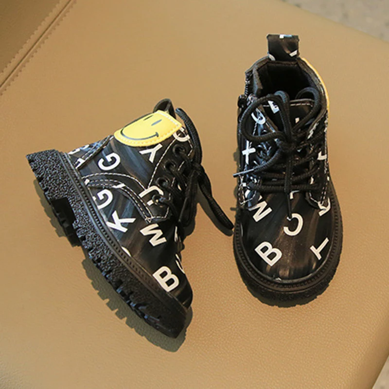 

COZULMA Children Autumn Winter Shoes 1-6 Years Kids Boots Cute Face Letters Boys Girls Leather Short Boots Sneakers 21-30