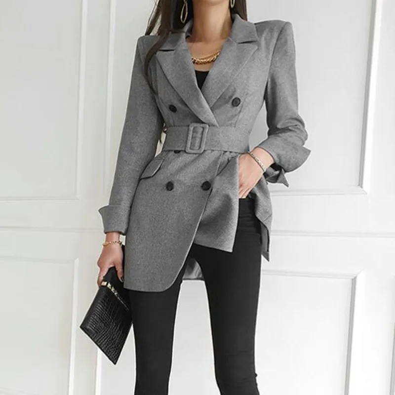 

Elegant Double Breasted Button Solid Women Blazer Autumn Turn-down Collar Office Lady Jacket Coats Winter Outerwear Belt
