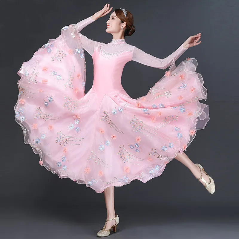 

Pink Long Sleeves Perspective Flower Embroidery Women Standard Ballroom Dress Rumba Dress Waltz Dance Costumes Tango Dress