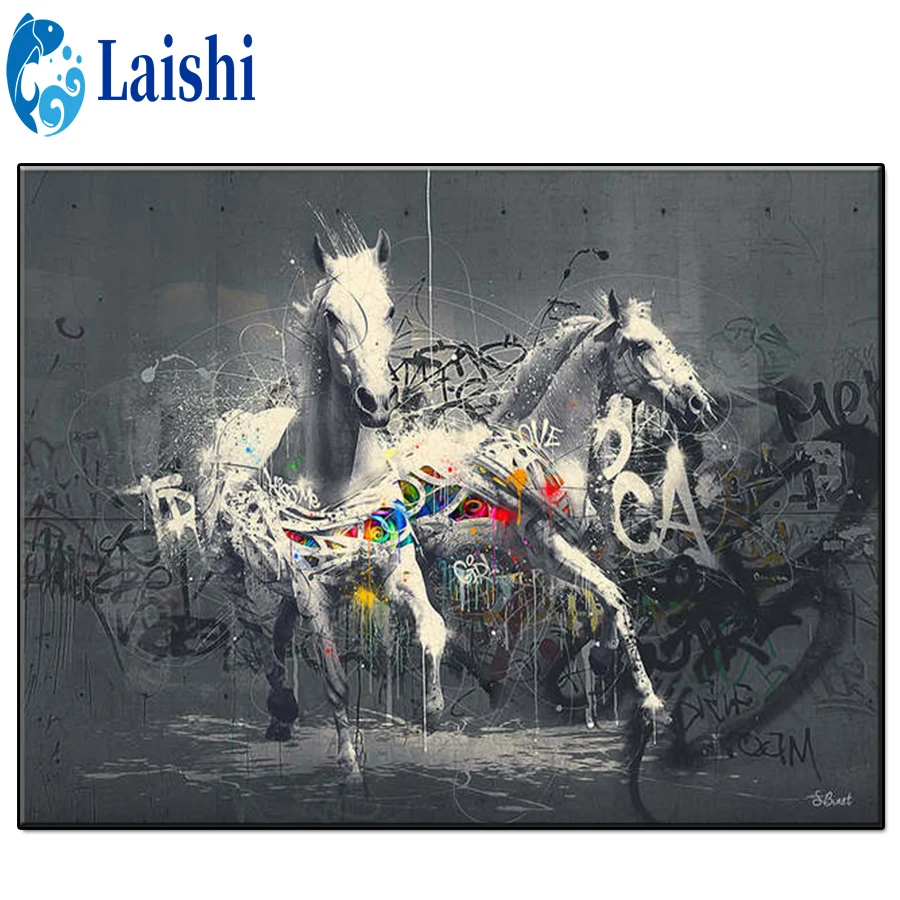 

3D Diy Black and white graffiti art, white horse Diamond Painting Diamond Embroidered Rhinestone Picture Mosaic Home Decoration