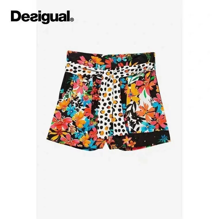 2019 испанский desigual печати в горошек ремень большой карман Модные шорты женские