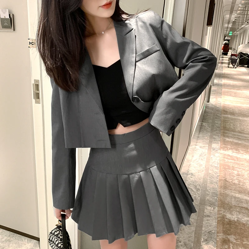 

2021 Women's Jacket Long Sleeve Student Pleated Skirt Suit Female Silver Grey Blazer Lady Office Work Suit Blazers Short Dress