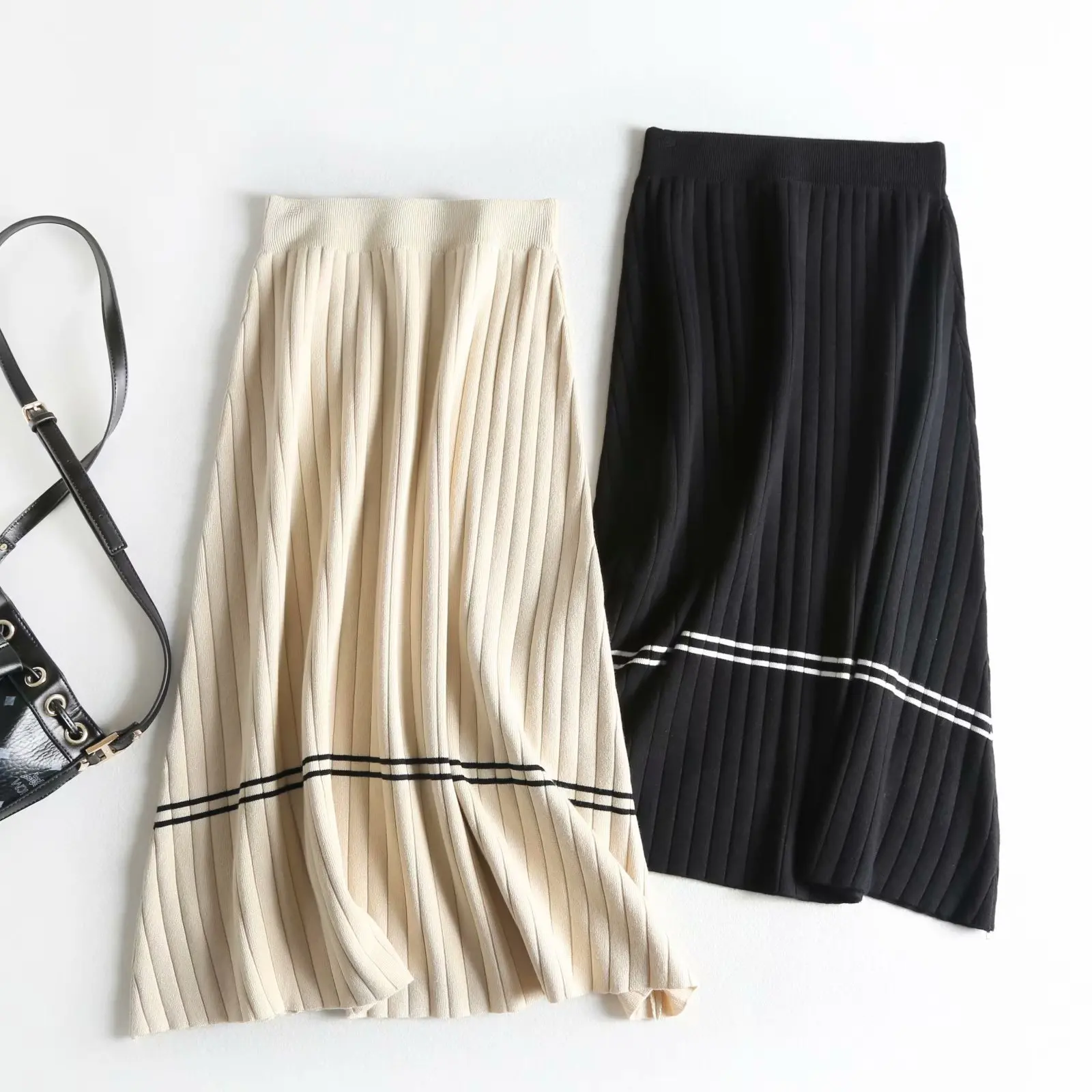 

2021 High Waist Women Spring Skirts Vintage Knitting Women Long Skirt Jupe Femme Women Beige Black Skirt