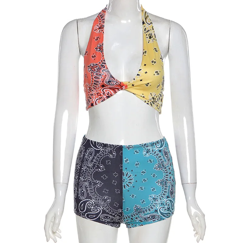 

2021 Summer Women 2 Two Piece Set Printed Crop Tops Pullover Shorts Pants Sport Fitness Bodycon Tracksuit Set