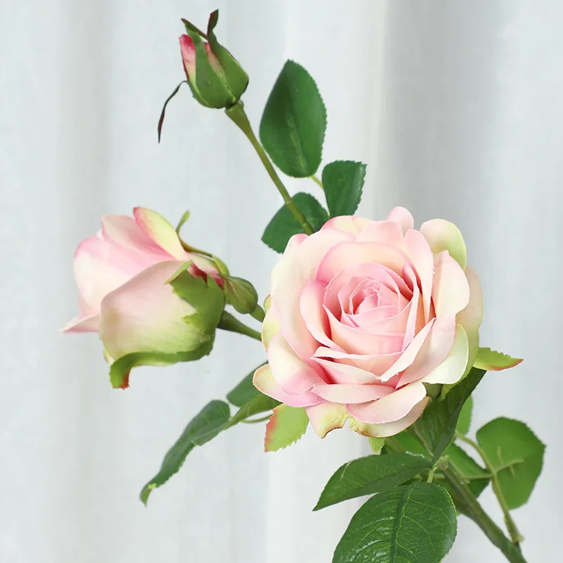 

Настоящие на ощупь Новые 3 головки розы ветки с листьями шелковые искусственные цветы Декор для дома отеля Искусственные цветы свадебное ук...
