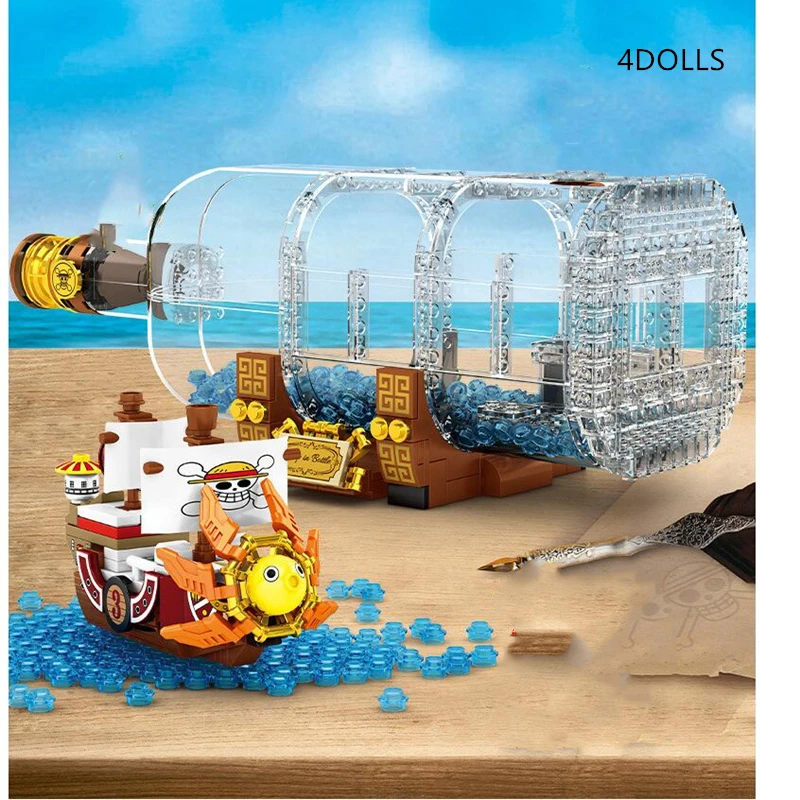 Конструктор корабля пирата Луффи из аниме "One Piece" в бутылочной упаковке, собираемая модель, игрушка для детей, подарок на Рождество.