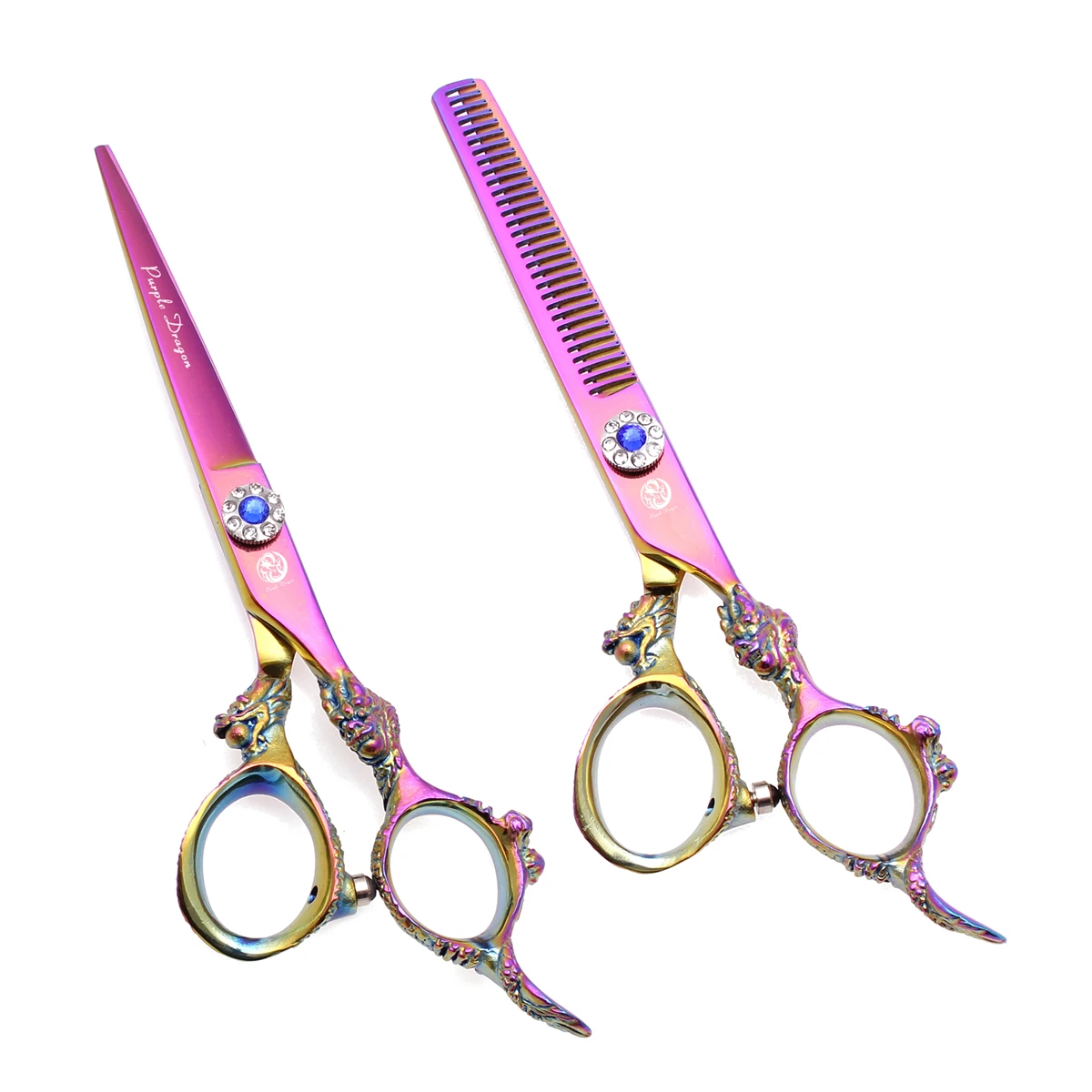 Барберские ножницы с сумкой Purple Dragon 5.5" Япония 440C для стрижки и разреживания волос 9004# черного цвета с рисунком на ручке.