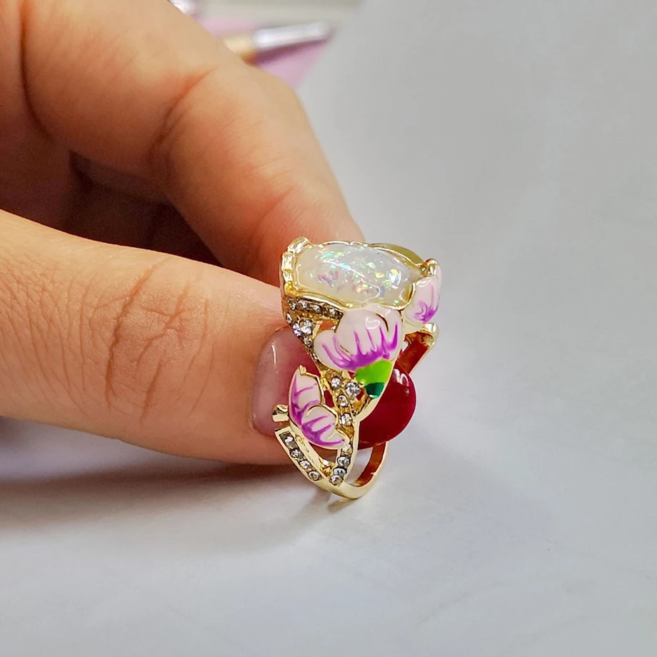

New Gorgeous Ladies 925 Silver 14K Gold Ring Color Flower Ring Opal Jewelry Handmade Enamel Exaggerated Flower Ring for Women
